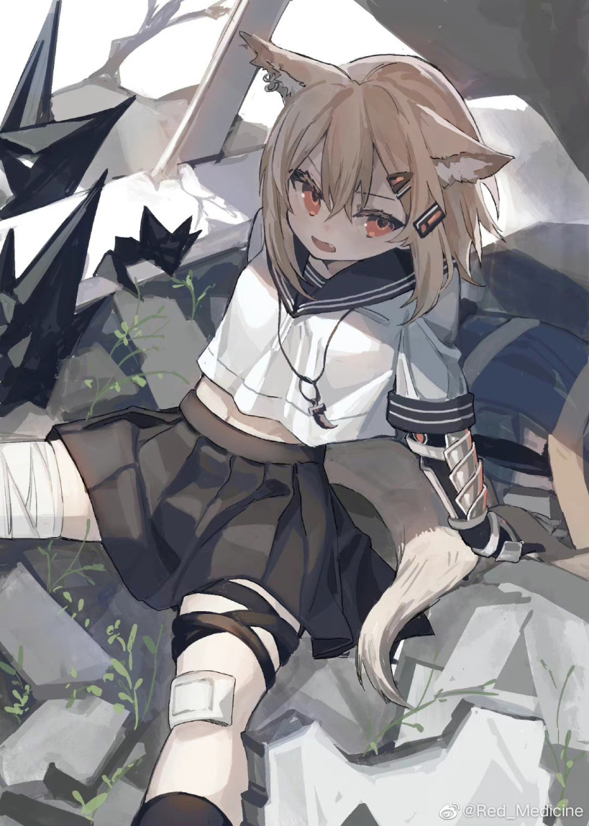 1girl alternate_costume animal_ears arknights arm_support black_legwear black_skirt blonde_hair fang feet_out_of_frame fox_ears fox_girl fox_tail hair_between_eyes hair_ornament hairclip highres jewelry knee_pads looking_at_viewer medium_hair midriff_peek necklace open_mouth orange_eyes plant pleated_skirt prosthesis prosthetic_arm red_(girllove) school_uniform shirt sitting skirt solo tail tooth_necklace twitter_username vermeil_(arknights) white_shirt