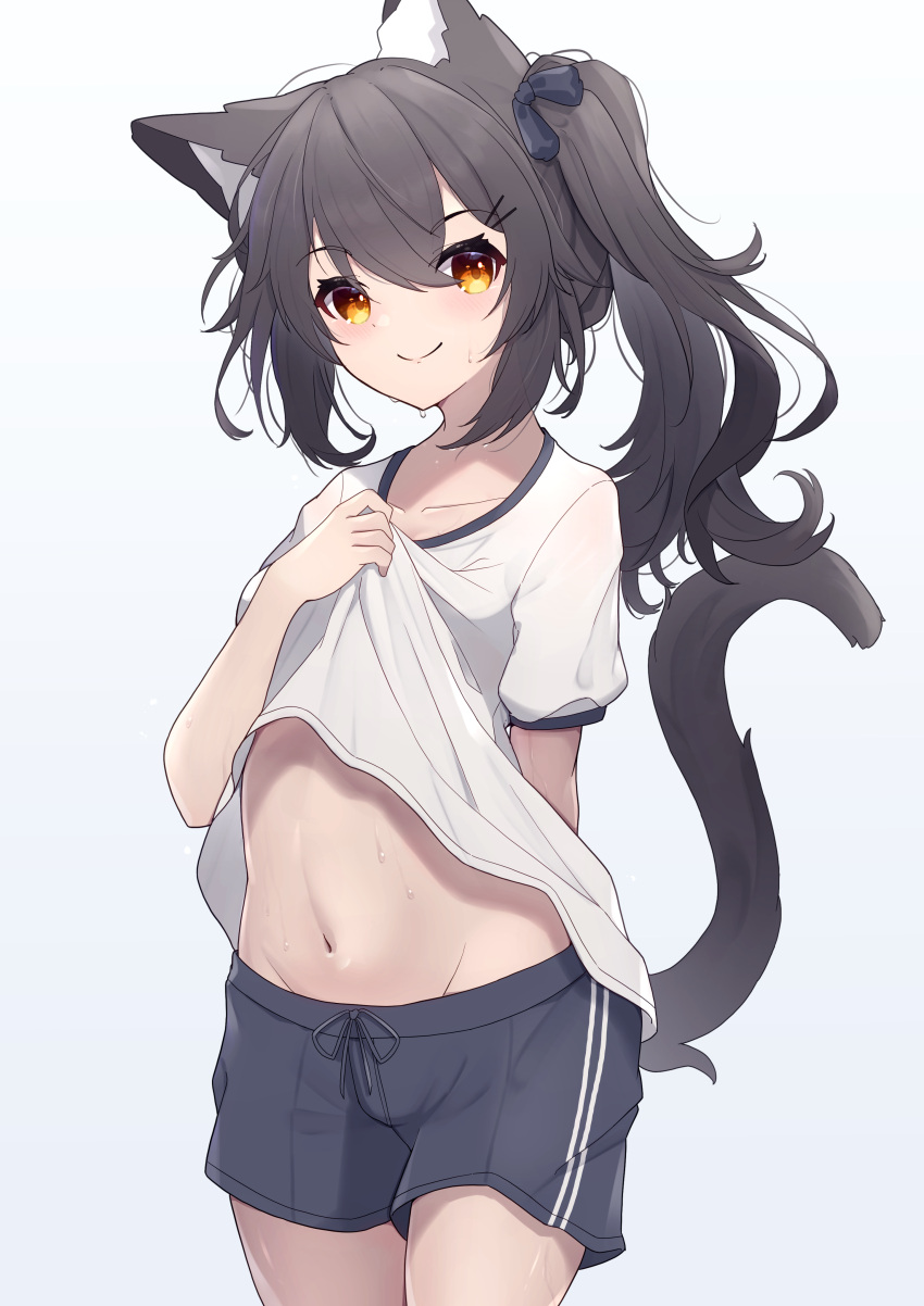 1girl absurdres animal_ear_fluff animal_ears bangs black_hair black_shorts brown_eyes cat_ears cat_girl cat_tail closed_mouth clothes_lift collarbone eyebrows_visible_through_hair gradient gradient_background grey_background groin gym_shirt gym_shorts gym_uniform hair_between_eyes hair_ornament hairclip highres hinata_(user_rjkt4745) lifted_by_self looking_at_viewer navel original puffy_short_sleeves puffy_sleeves shirt shirt_lift short_shorts short_sleeves shorts side_ponytail smile solo sweat tail white_background