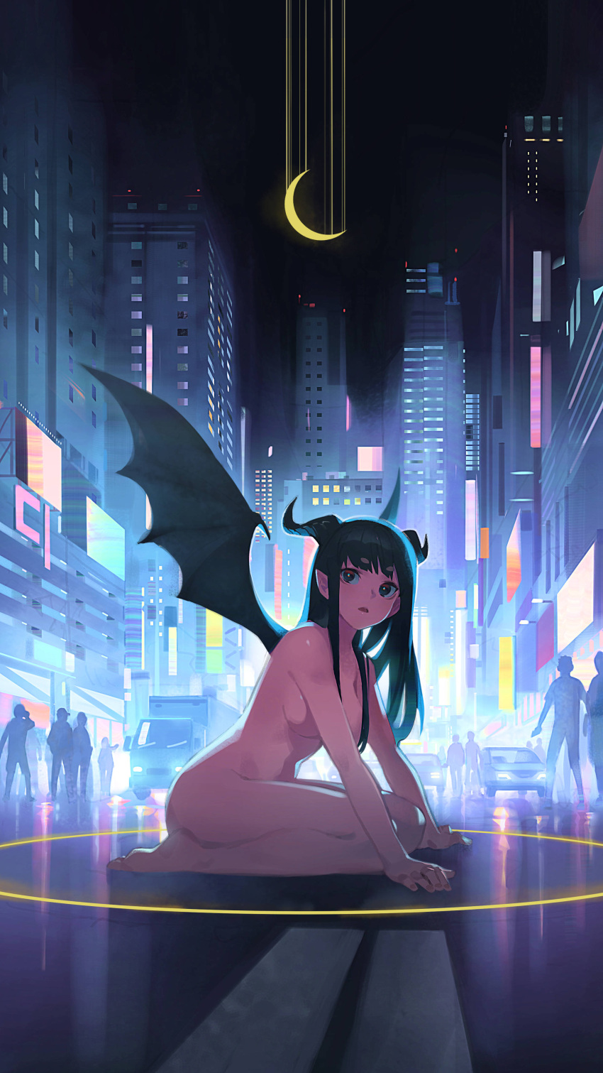 1girl absurdres black_eyes black_hair black_wings breasts building car city commentary completely_nude crescent_moon ddal demon_wings ground_vehicle highres horns long_hair looking_to_the_side medium_breasts moon motor_vehicle night nude original people road silhouette sitting skyscraper solo_focus street thick_eyebrows truck wariza wings