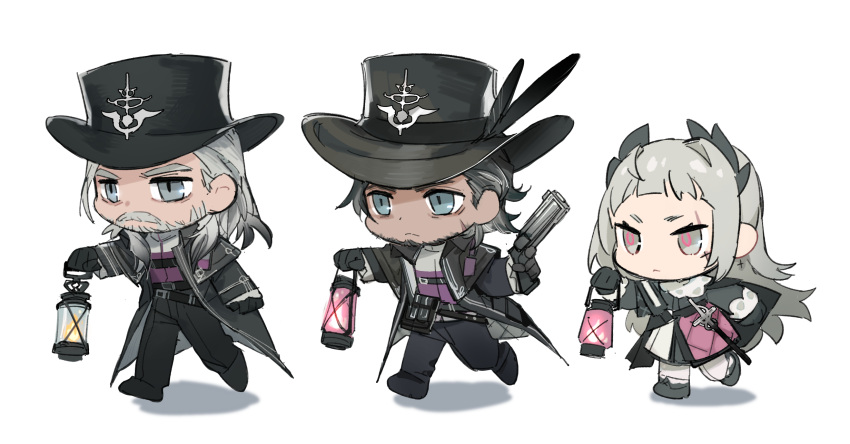 1girl 2boys :&lt; arknights beard black_dress black_feathers black_footwear black_gloves black_hair black_headwear black_jacket black_pants carmen_(arknights) chibi closed_mouth commentary_request dario_(arknights) dress facial_hair gloves grey_hair gun handgun hat_feather highres holding holding_gun holding_lantern holding_weapon irene_(arknights) jacket lantern long_sleeves looking_away multiple_boys mustache open_clothes open_jacket pants pistol purple_shirt shadow shirt shoes sora_(sora1019) v-shaped_eyebrows walking weapon white_background