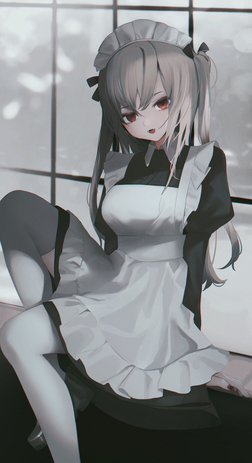 1girl :d absurdres apron black_dress black_nails breasts dress fangs frilled_apron frills grey_hair highres indoors juliet_sleeves long_hair long_sleeves looking_at_viewer maid maid_headdress medium_breasts migihidari_(puwako) nail_polish open_mouth original puffy_sleeves red_eyes sitting smile solo thigh-highs two_side_up white_apron white_legwear window windowsill