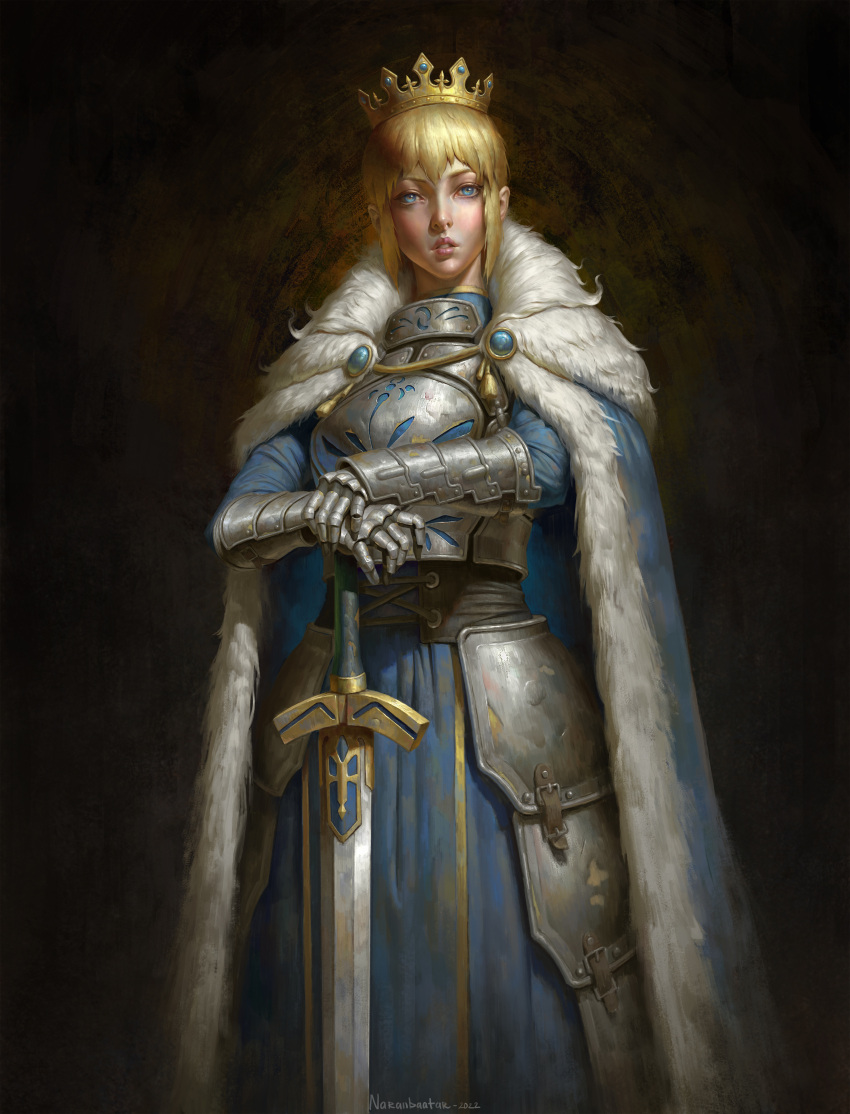 1girl absurdres armor armored_dress artoria_pendragon_(fate) blonde_hair blue_eyes breastplate cape commentary crown dark_background dirty dirty_clothes english_commentary fate/zero fate_(series) faux_traditional_media fur_cape gauntlets highres light_blush naranbaatars parted_lips photoshop_(medium) saber solo sword weapon