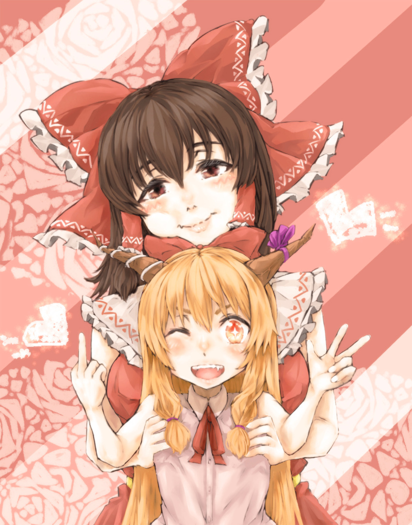 2girls bangs blush bow bowtie breasts brown_hair brown_horns closed_mouth collared_shirt commentary_request cookie_(touhou) frilled_bow frilled_hair_tubes frilled_shirt_collar frills haiperion_buzan hair_between_eyes hair_bow hair_tubes hakurei_reimu heart highres horn_bow horn_ornament horns ibuki_suika kanna_(cookie) large_breasts long_hair looking_at_viewer middle_finger multiple_girls open_mouth orange_eyes orange_hair purple_bow red_bow red_bowtie red_eyes shirt sleeveless sleeveless_shirt smile touhou upper_body w white_shirt yamin_(cookie)