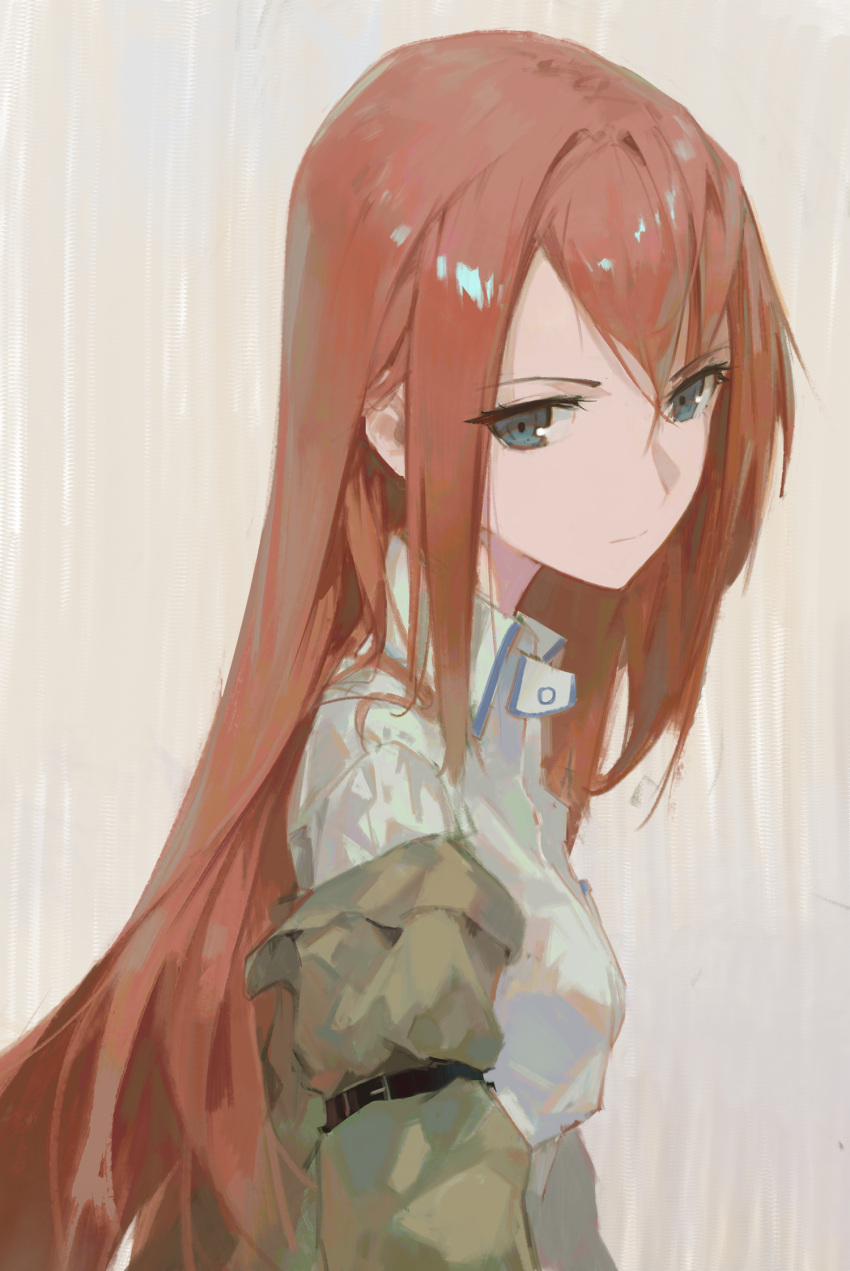 1girl arm_strap blue_eyes breasts brown_jacket closed_mouth collared_shirt commentary dino_(dinoartforame) expressionless from_side hair_between_eyes hair_intakes highres jacket long_hair looking_at_viewer makise_kurisu off_shoulder open_clothes open_jacket redhead shirt small_breasts solo steins;gate straight_hair upper_body white_shirt wing_collar