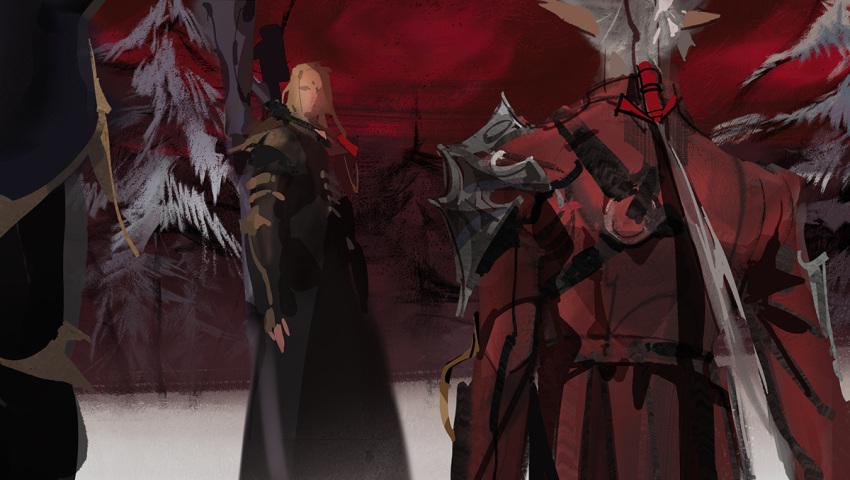 1girl 2boys alisaie_leveilleur armor coat day estinien_varlineau final_fantasy final_fantasy_xiv garlean gauntlets jacket long_hair long_sleeves looking_at_another multiple_boys outdoors ponytail pydiyudie red_sky sky snow very_long_hair weapon weapon_on_back zenos_yae_galvus