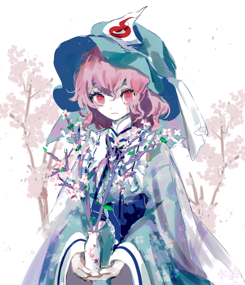 1girl blue_headwear blue_kimono branch cake_mogo cherry_blossoms closed_mouth commentary_request english_commentary expressionless eyebrows_behind_hair hair_between_eyes hat highres holding_vase japanese_clothes kimono leaf long_sleeves looking_at_viewer medium_hair mob_cap obi own_hands_together pink_eyes pink_hair raised_eyebrows saigyouji_yuyuko sash solo touhou tree triangular_headpiece upper_body wide_sleeves