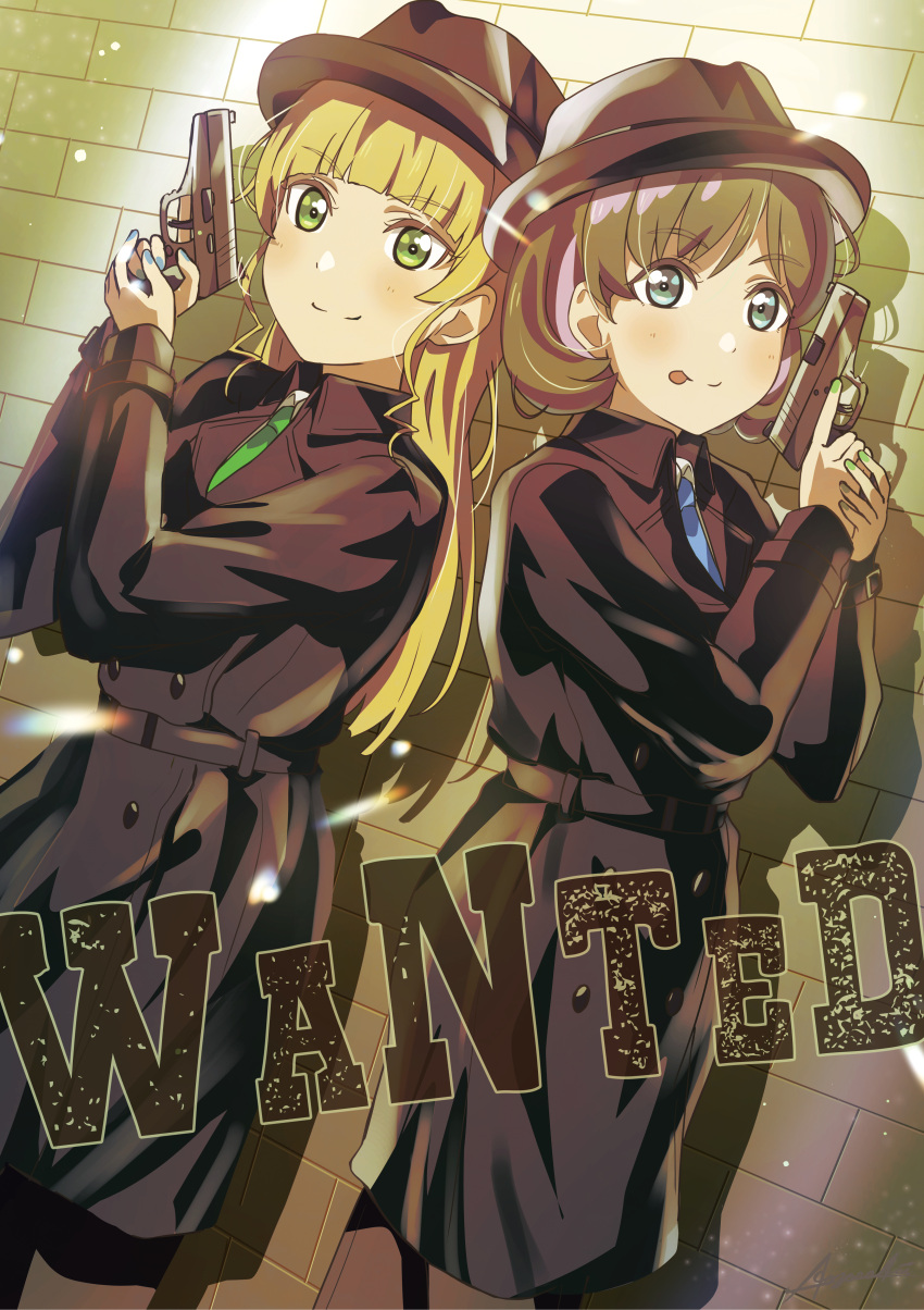 2girls :p absurdres al_aoi_aoba bangs black_coat black_headwear blonde_hair blue_eyes blue_nails blue_necktie blunt_bangs brick_wall brown_hair closed_mouth coat commentary dutch_angle english_text eyebrows_visible_through_hair fedora green_eyes green_nails green_necktie gun handgun hat heanna_sumire highres holding holding_gun holding_weapon light_blue_eyes long_hair love_live! love_live!_superstar!! multiple_girls nail_polish necktie pistol short_hair smile split_mouth tang_keke tongue tongue_out trench_coat trigger_discipline wanted weapon wing_collar