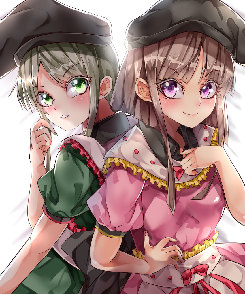 2girls absurdres back-to-back back_bow backlighting black_bow black_headwear blush bow breasts brown_hair closed_mouth dress eyebrows_visible_through_hair frilled_shirt_collar frills green_dress green_eyes green_hair hat highres long_hair looking_at_viewer maboroshi_mochi multiple_girls nishida_satono pink_dress puffy_short_sleeves puffy_sleeves red_ribbon ribbon short_sleeves simple_background small_breasts smile tate_eboshi teireida_mai touhou violet_eyes white_background