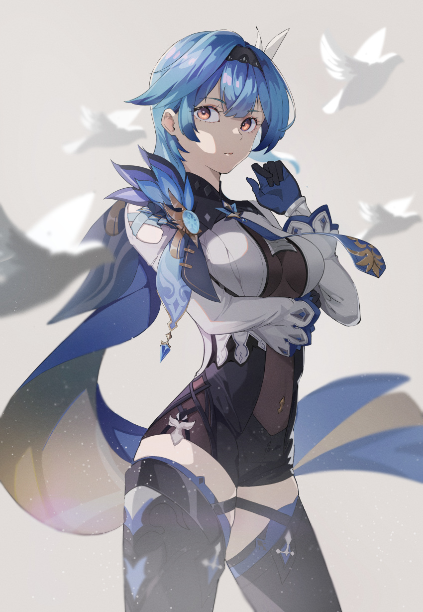 1girl absurdres animal arm_under_breasts bangs bird black_gloves black_hairband black_legwear blue_gloves blue_hair blue_necktie bodysuit breasts butterfly_hair_ornament closed_mouth elise_(wdsm2344) eula_(genshin_impact) genshin_impact gloves hair_ornament hairband hand_up highres large_breasts long_hair long_sleeves looking_at_viewer necktie simple_background solo thigh-highs two-tone_gloves violet_eyes vision_(genshin_impact) white_bird wide_sleeves