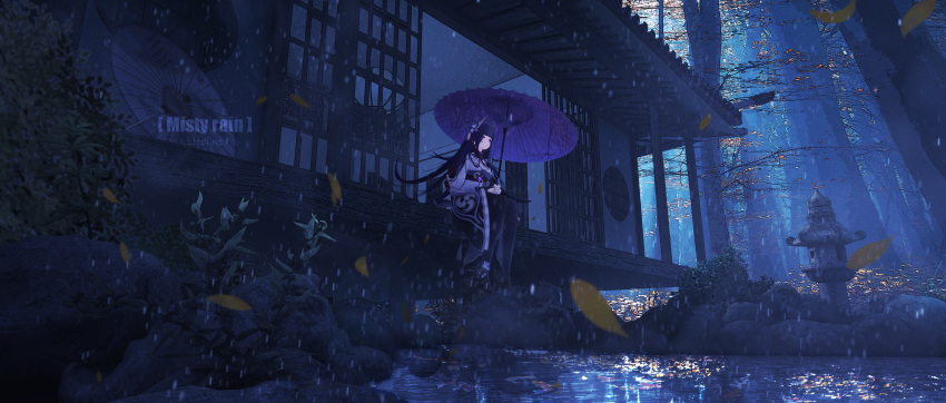 1girl absurdres bangs black_hair black_legwear blunt_bangs building forest genshin_impact hair_ornament highres japanese_clothes kimono leaf lifeline_(a384079959) long_hair nature oil-paper_umbrella raiden_shogun rain scenery sitting solo umbrella violet_eyes water white_kimono