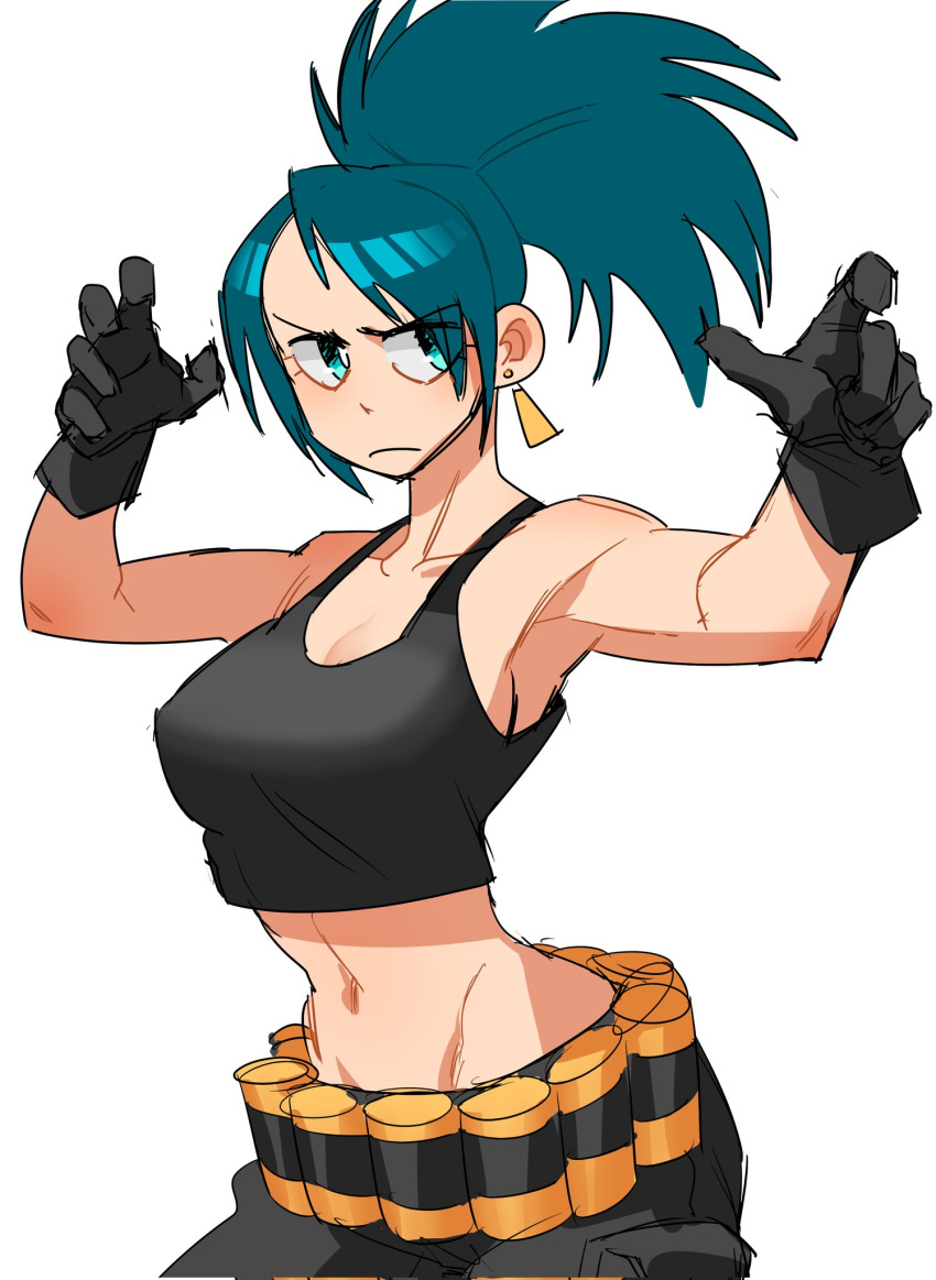 1girl ammunition_belt armpits arms_up bangs bare_shoulders black_gloves black_tank_top blue_eyes blue_hair cargo_pants crop_top drawlomong24 earrings eyebrows_visible_through_hair eyes_visible_through_hair fighting_stance gas_can gloves hair_ornament hairclip highres jewelry leona_heidern midriff navel pants ponytail simple_background sleeveless solo tank_top the_king_of_fighters the_king_of_fighters_xiii triangle_earrings