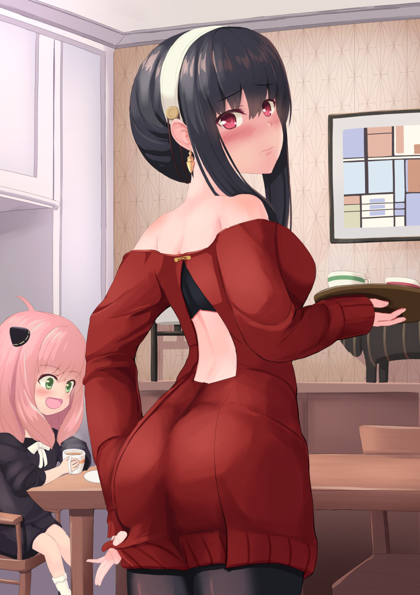 2girls anya_(spy_x_family) ass back back_cutout bare_shoulders black_hair blush breasts clothes_tug clothing_cutout commentary_request cup dress earrings from_behind full-face_blush hairband highres holding holding_tray jewelry long_hair looking_at_viewer looking_back mother_and_daughter mug multiple_girls off-shoulder_sweater off_shoulder red_eyes red_sweater shirt_tug sidelocks sitting solo_focus spy_x_family sweater sweater_dress sweater_tug table tray tukimotoreiji white_hairband yor_briar