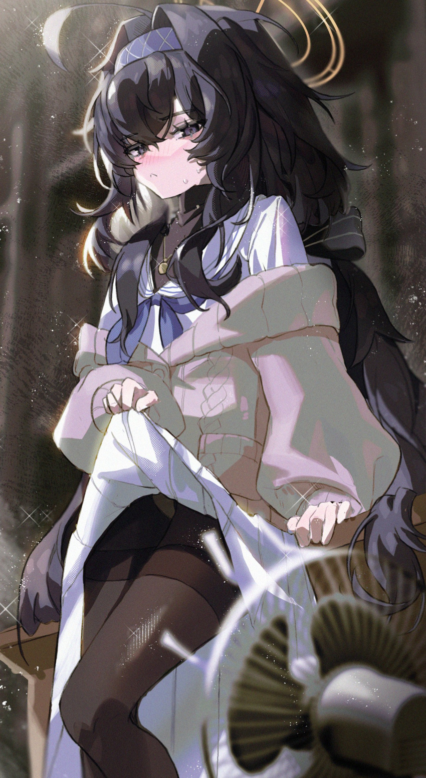 1girl :&lt; absurdres ahoge bangs black_hair black_legwear blue_archive blue_hairband blush cardigan closed_mouth clothes_lift electric_fan fanning_crotch hair_between_eyes hairband halo highres jewelry lifted_by_self long_hair long_sleeves neckerchief necklace panties pantyhose pantyshot rima_rima_ri sailor_collar school_uniform serafuku skirt skirt_lift solo sparkle sweat symbol-only_commentary thighband_pantyhose ui_(blue_archive) underwear very_long_hair violet_eyes white_skirt