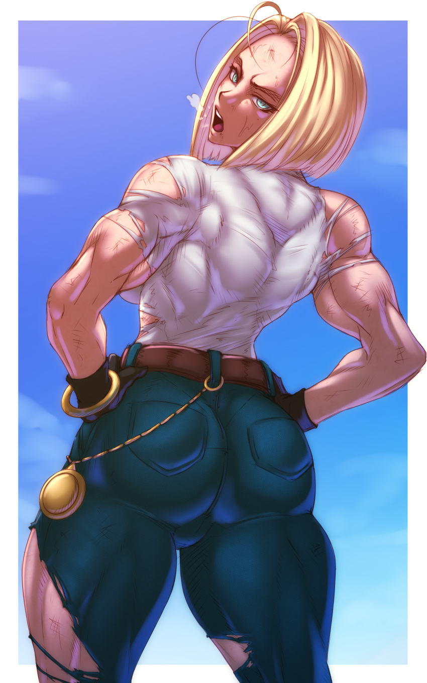 1girl absurdres android_18 ass bangle belt biceps black_gloves blonde_hair blue_eyes blue_pants blue_sky bob_cut bracelet breasts brown_belt bruise day denim dinortista dragon_ball dragon_ball_z english_commentary fat_mons forehead gloves hands_on_hips highres injury jeans jewelry large_breasts looking_at_viewer looking_back open_mouth pants pocket_watch shaft_look shirt short_hair sky solo standing t-shirt teeth thick_thighs thighs torn_clothes torn_pants torn_shirt turning_head upper_teeth watch