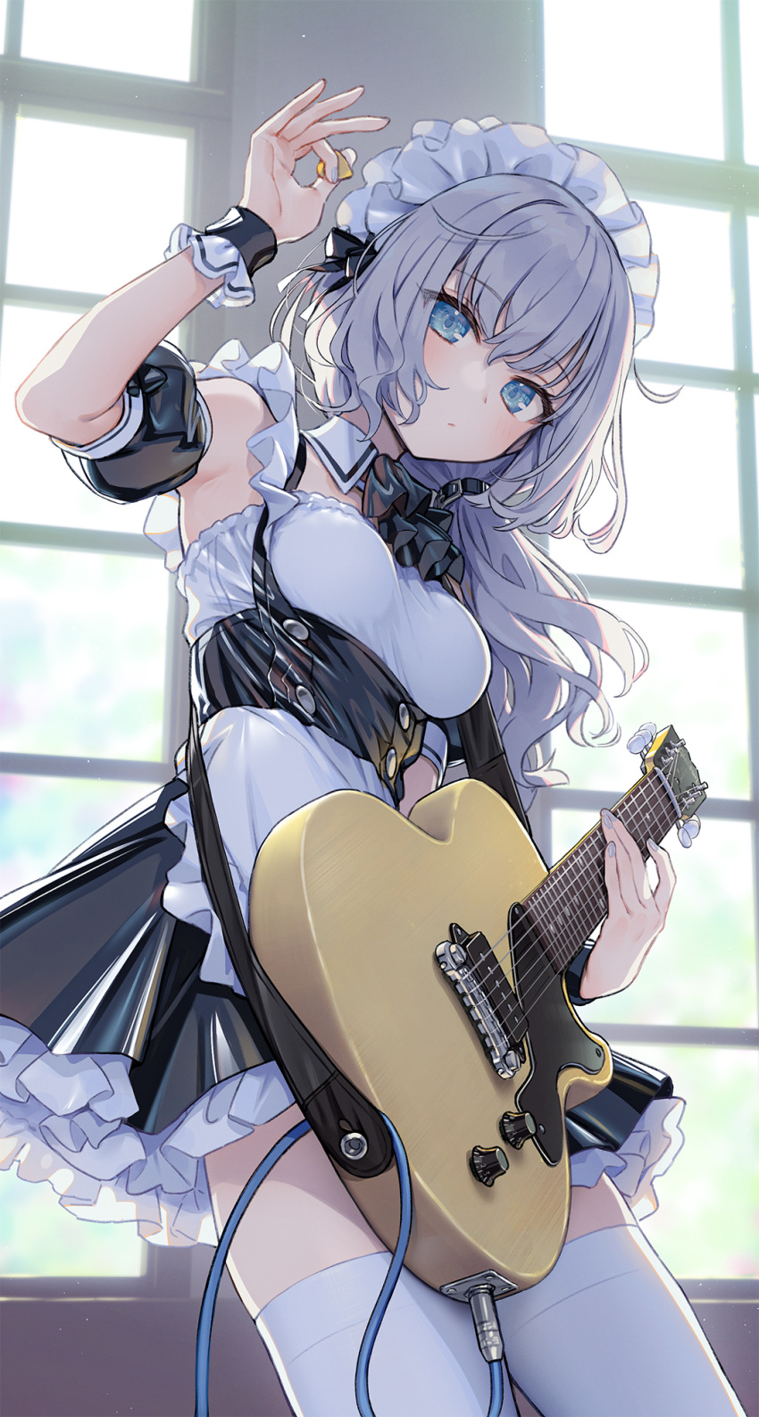 1girl apron arm_up armpits backlighting bare_shoulders black_dress blue_eyes bow bowtie breasts cowboy_shot detached_collar detached_sleeves dress electric_guitar expressionless frilled_dress frills grey_hair guitar hair_ornament hair_over_shoulder highres holding instrument kurobuta_gekkan long_hair looking_at_viewer maid maid_apron maid_headdress medium_breasts original plectrum sleeveless sleeveless_dress solo strap thigh-highs thighs underbust white_legwear window wrist_cuffs zettai_ryouiki