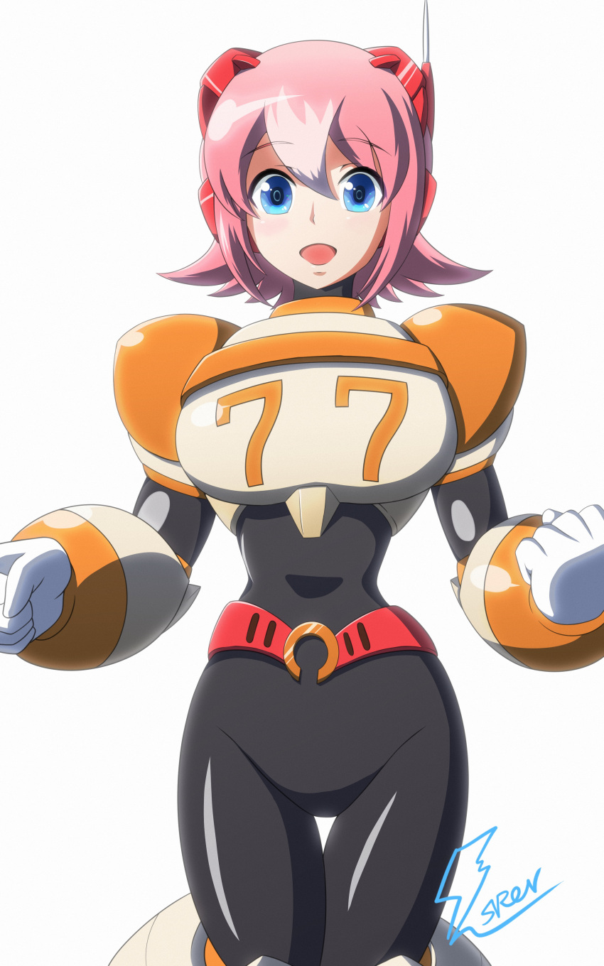 1girl absurdres android armor bangs belt black_bodysuit blue_eyes blush bodysuit clenched_hands commentary_request eyebrows_visible_through_hair fontatoba gloves hair_ornament highres joints mega_man_(series) mega_man_x:_command_mission mega_man_x_(series) mega_man_x_dive multicolored_hair nana_(mega_man_x:_command_mission) nana_(rockman) open_mouth pink_hair robot_joints shiny shiny_clothes short_hair signature simple_background skin_tight smile solo two-tone_hair white_background white_gloves white_hair