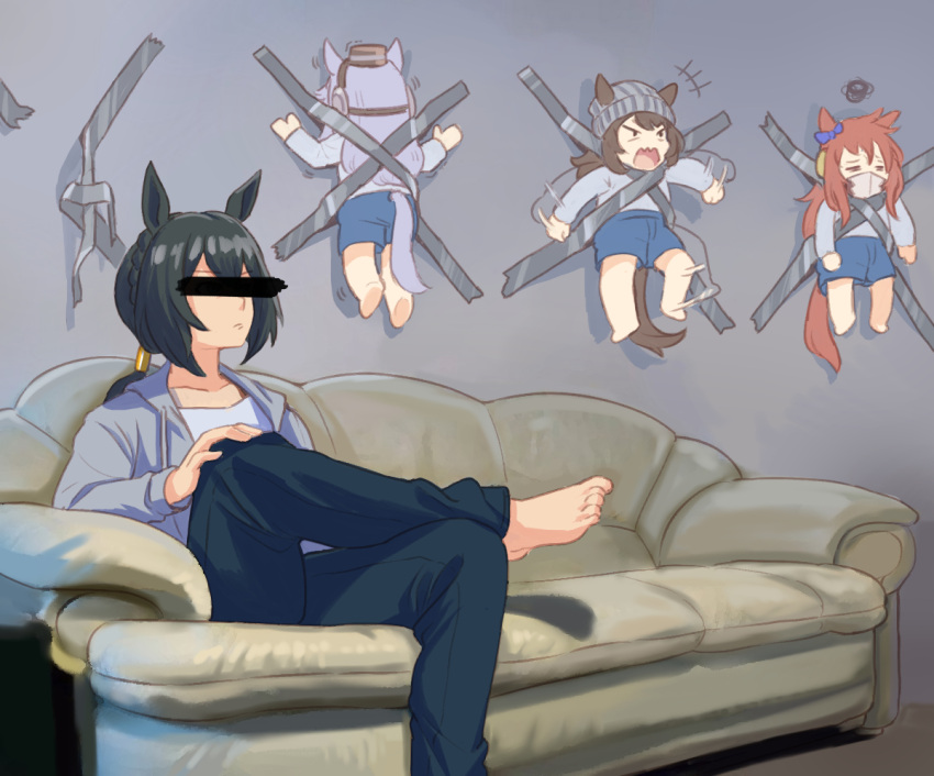+++ 4girls animal_ears babydoll bangs barefoot beanie black_hair blue_shorts brown_hair censored child closed_mouth couch crossed_legs duct_tape gold_ship_(umamusume) grey_shirt hat hood hooded_jacket horse_ears horse_girl horse_tail identity_censor indoors jacket long_sleeves low_ponytail mask motion_lines mouth_mask multiple_girls nakayama_festa_(umamusume) open_mouth orfevre_(umamusume) photo-referenced shirt shorts sinnra_art sitting speed_lines squiggle stay_gold_(umamusume) tail umamusume v-shaped_eyebrows