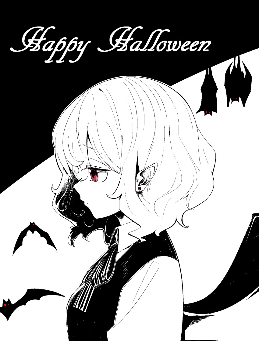 1girl bangs bat bat_wings closed_mouth collared_shirt eyebrows_visible_through_hair frown hair_between_eyes happy_halloween highres jewelry limited_palette neck_ribbon no_hat no_headwear pointy_ears profile red_eyes remilia_scarlet ribbon shirt short_hair snakku solo spot_color touhou upper_body vest wavy_hair wings