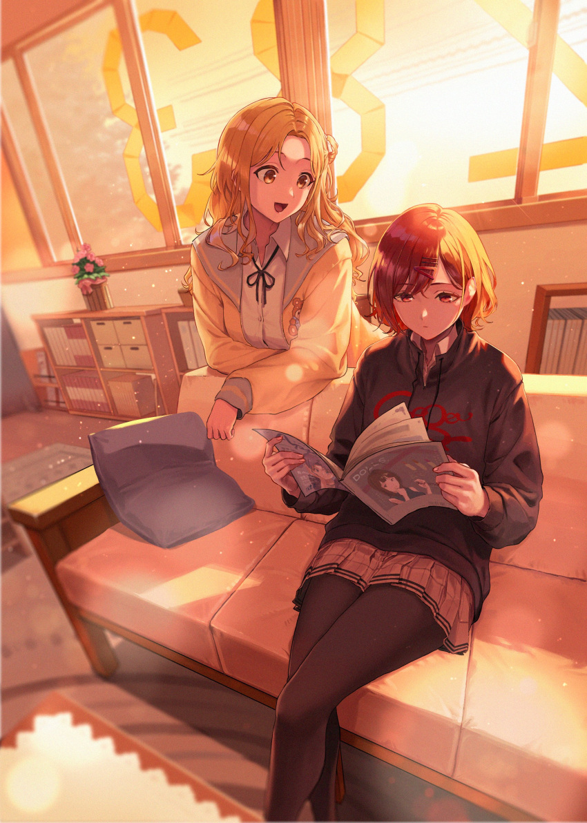 2girls absurdres blurry bokeh book couch crossed_legs depth_of_field highres higuchi_madoka holding holding_book ichikawa_hinana idolmaster idolmaster_shiny_colors indoors leaning_forward leaning_on_object looking_at_another multiple_girls on_couch reading school_uniform shiny shiny_hair sitting sunset window zelo6