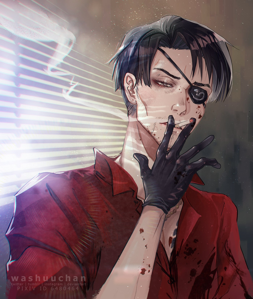 1boy after_battle blood blood_on_clothes blood_on_face chain_necklace cigarette eyebrows facial_hair highres looking_at_viewer mafia majima_gorou male_focus one-eyed ryuu_ga_gotoku ryuu_ga_gotoku_4 sleeves_rolled_up smoke smoke_trail smoking washuu window window_shade yakuza