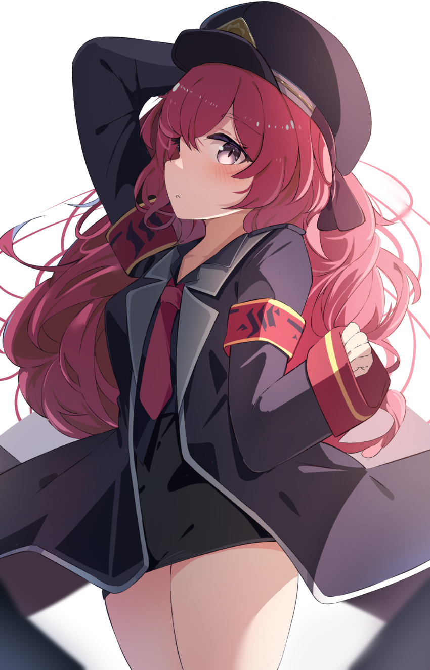 1girl black_headwear black_jacket blue_archive closed_mouth hat highres iroha_(blue_archive) jacket long_hair long_sleeves looking_at_viewer necktie pink_eyes red_necktie redhead runep simple_background solo thighs violet_eyes white_background