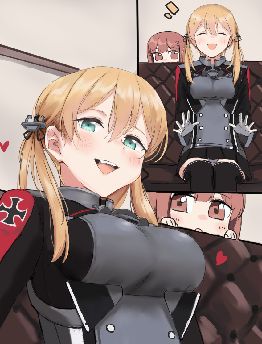 2girls absurdres anchor_hair_ornament aqua_eyes bangs black_skirt blonde_hair blush breasts brown_eyes brown_hair closed_eyes commission couch cross gloves hair_ornament heart highres iron_cross kantai_collection long_hair long_sleeves looking_at_viewer medium_breasts military military_uniform multiple_girls multiple_views nankyokuman open_mouth pleated_skirt prinz_eugen_(kancolle) short_hair sitting skeb_commission skirt twintails uniform white_gloves z3_max_schultz_(kancolle)
