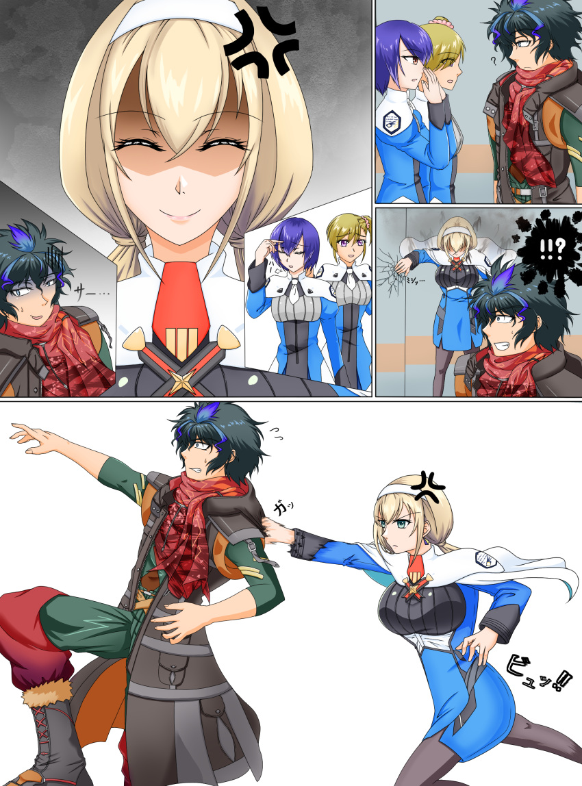 !? 1boy 3girls ? absurdres anger_vein aqua_eyes aura black_hair black_jacket black_legwear blonde_hair blue_dress blue_hair breasts capelet cheating closed_eyes cracked_wall dark_aura dress earrings edge_sainklaus false_smile hairband heart highres jacket jewelry large_breasts leo_(dyuminas) low_twintails mitsuba_greyvalley multicolored_hair multiple_girls necktie red_necktie red_scarf scarf scrunchie shaded_face short_hair short_necktie side_ponytail spoken_heart super_robot_wars super_robot_wars_30 triangle_earrings turn_pale twintails violet_eyes white_capelet white_hairband white_necktie