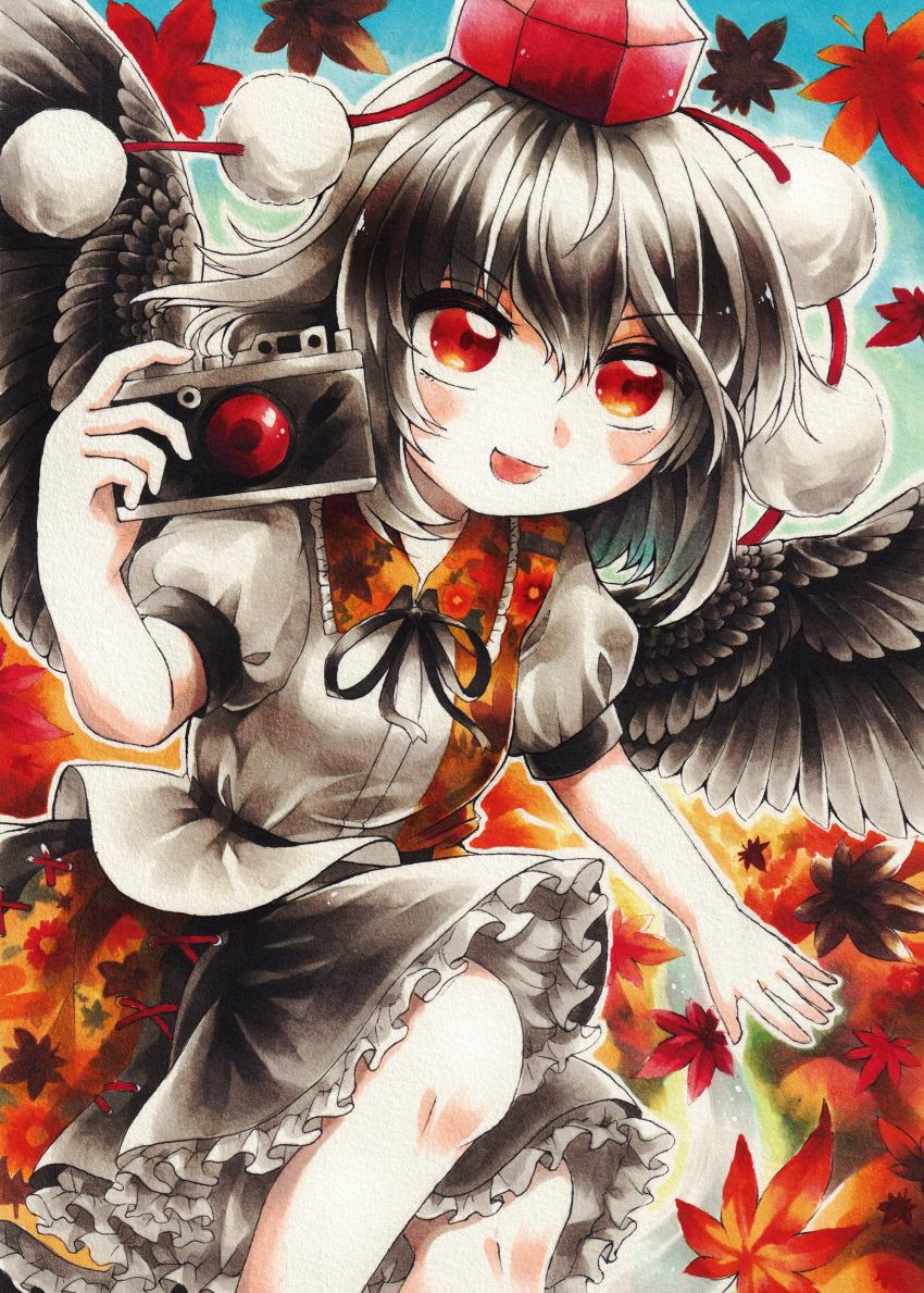 1girl absurdres autumn_leaves black_hair black_ribbon black_skirt black_wings camera collared_shirt commentary_request eyebrows_visible_through_hair feathered_wings feet_out_of_frame frilled_shirt_collar frilled_skirt frills hair_between_eyes hat highres holding holding_camera leaf leaf_print looking_at_viewer maa_(forsythia1729) marker_(medium) medium_hair neck_ribbon open_mouth pom_pom_(clothes) print_shirt print_skirt puffy_short_sleeves puffy_sleeves red_eyes red_headwear ribbon shameimaru_aya shirt short_sleeves skirt solo tokin_hat touhou traditional_media v-shaped_eyebrows white_shirt wings