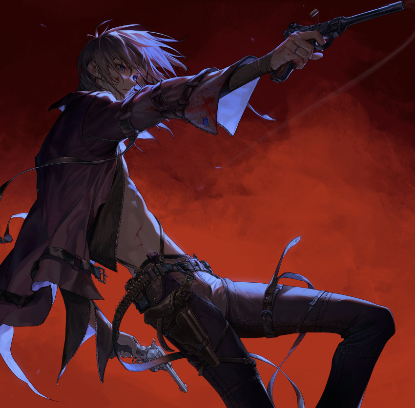 1boy absurdres antenna_hair belt belt_pouch bleeding blood blood_on_clothes blood_on_face blue_eyes bullet closed_mouth dual_wielding grey_hair gun hair_between_eyes highres holding holding_gun holding_weapon holster injury jacket kim_hana leg_belt male_focus navel open_clothes open_jacket original pouch purple_jacket red_background revolver shell_casing solo topless_male weapon zipper zipper_pull_tab