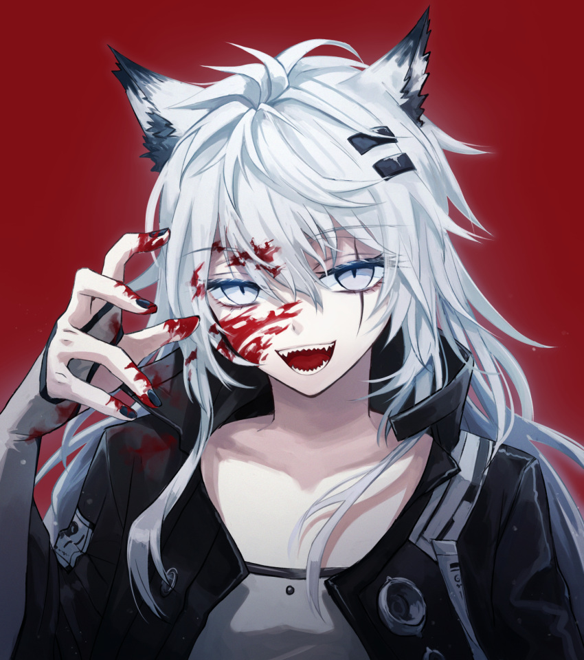 1girl animal_ear_fluff animal_ears arknights black_nails blood blood_on_face blood_on_hands claw_pose collarbone elbow_gloves fingerless_gloves gloves grey_eyes hair_ornament hairclip hand_up highres jacket lappland_(arknights) long_hair messy_hair nail_polish open_clothes open_jacket open_mouth red_background scar scar_across_eye seki_mitsu sharp_teeth solo teeth upper_body white_hair wolf_ears wolf_girl