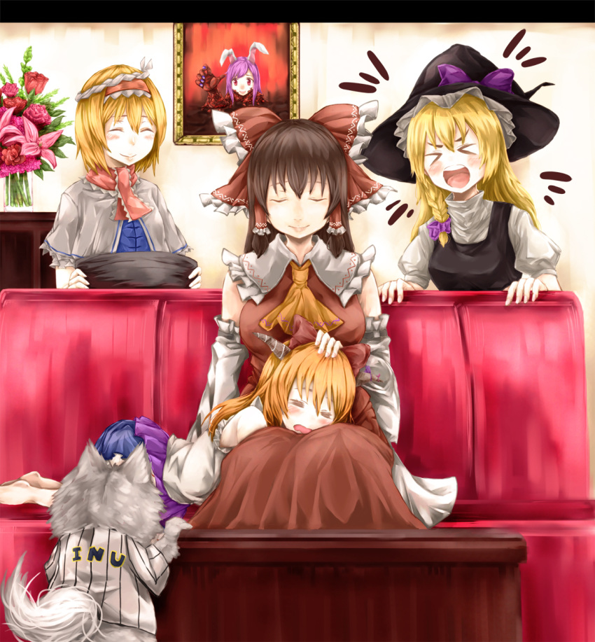 &gt;_&lt; 4girls =_= alice_margatroid animal_ears animalization bangs black_headwear black_vest blonde_hair blue_dress blush bouquet bow braid breasts brown_hair brown_horns capelet closed_eyes closed_mouth commentary_request cookie_(touhou) couch detached_sleeves dog dress flower frilled_bow frilled_hair_tubes frilled_necktie frilled_shirt_collar frills full_body haiperion_buzan hair_between_eyes hair_bow hair_tubes hairband hat hat_bow headpat highres hinase_(cookie) hisui_(cookie) horns ibuki_suika inu_(cookie) inubashiri_momiji kanna_(cookie) kirisame_marisa lap_pillow large_breasts long_hair meat_hisui_(cookie) multiple_girls necktie open_mouth orange_hair painting_(object) pink_flower puffy_short_sleeves puffy_sleeves purple_bow purple_hair purple_skirt rabbit_ears red_bow red_eyes red_hairband red_necktie red_shirt reisen_udongein_inaba rose shirt short_hair short_sleeves side_braid sidelocks single_braid sitting skirt sleeveless sleeveless_shirt smile touhou upper_body uzuki_(cookie) vase vest white_capelet white_shirt white_sleeves witch_hat yamin_(cookie)