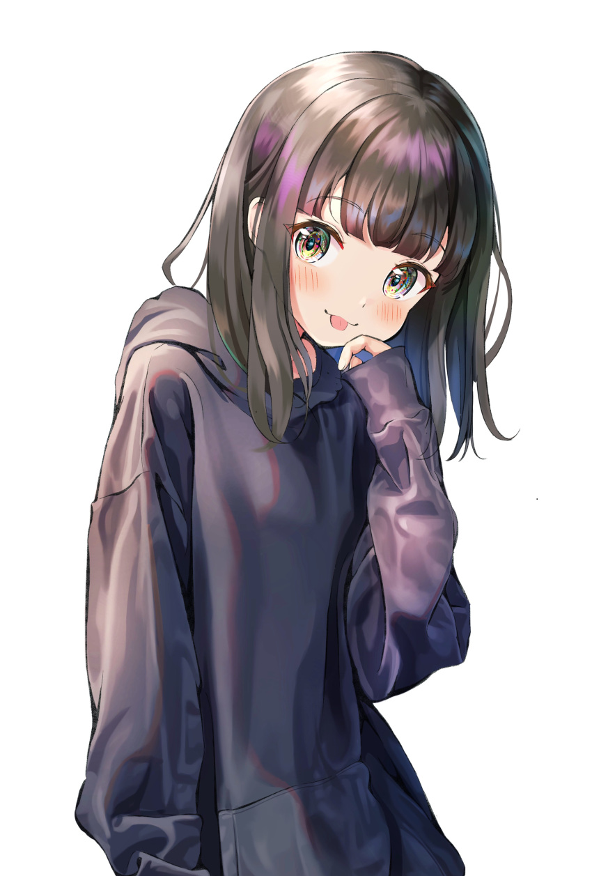 1girl absurdres bangs black_hair black_hoodie blunt_bangs blush closed_mouth commentary eyebrows_visible_through_hair hand_on_own_chin highres hood hood_down hoodie long_hair long_sleeves looking_at_viewer nanase_kurumi_(menhera-chan) original orodji_(shinorozi) simple_background sleeves_past_wrists smile solo tongue tongue_out upper_body white_background