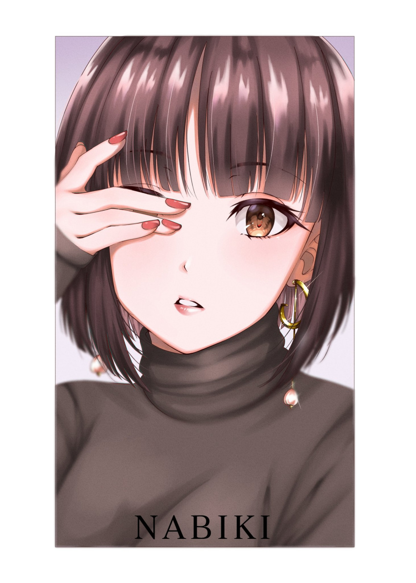 1girl bangs black_shirt blunt_bangs bob_cut border brown_eyes brown_hair character_name close-up commentary covering_one_eye earrings english_commentary eyebrows_visible_through_hair hand_over_eye hand_to_head highres jewelry jmoart214 light_blush lips long_sleeves looking_at_viewer nail_polish parted_lips portrait ranma_1/2 red_nails romaji_text shirt short_hair solo tendou_nabiki turtleneck white_border