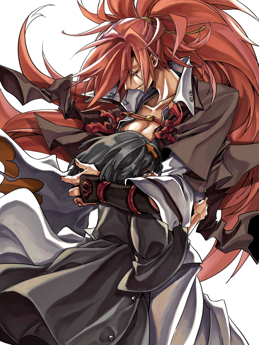 2girls absurdres arrow_(symbol) baiken black_hair breasts closed_eyes collarbone delilah_(guilty_gear) dong_hole facial_mark guilty_gear guilty_gear_strive height_difference highres hug japanese_clothes kimono large_breasts long_hair multiple_girls pink_hair ponytail red_eyes samurai scar scar_across_eye short_hair simple_background tearing_up tears white_background