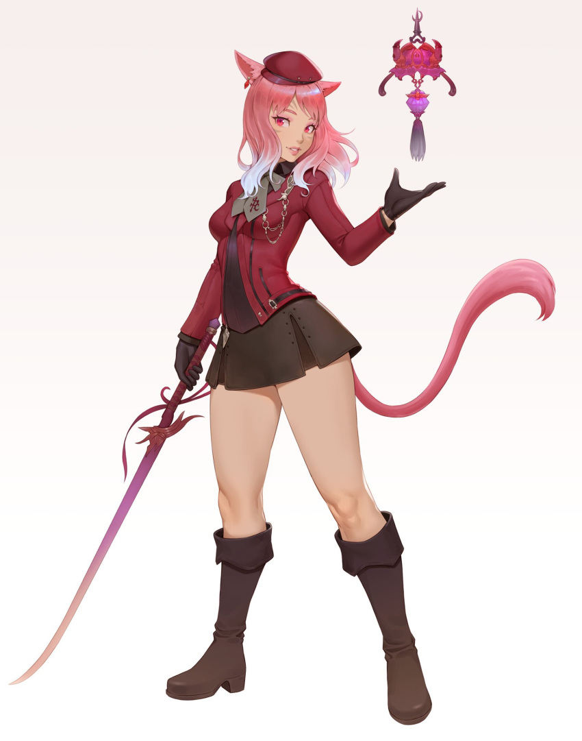 1girl animal_ears avatar_(ff14) beret black_footwear black_gloves black_skirt boots breasts cat_ears cat_tail cheshirrr commentary commission earrings facial_mark final_fantasy final_fantasy_xiv floating floating_object full_body gloves gradient gradient_background gradient_hair hat highres holding holding_sword holding_weapon jewelry knee_boots lips long_hair long_sleeves looking_at_viewer makeup medium_breasts miniskirt miqo'te multicolored_hair parted_lips pink_hair shiny shiny_hair skirt smile solo standing sword tail thighs two-tone_hair weapon white_hair