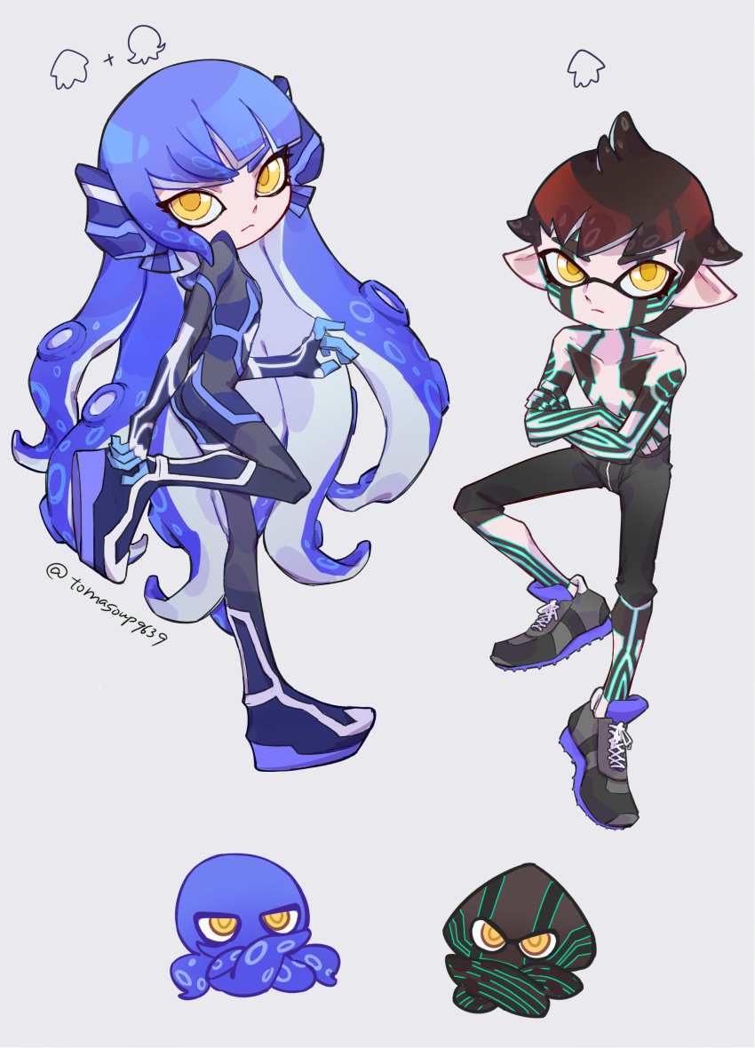 2boys absurdres black_hair brown_hair crossed_arms crossover full-body_tattoo highres hitoshura inkling long_hair looking_at_viewer male_focus multiple_boys octoling pointy_ears protagonist_(smtv) shin_megami_tensei shin_megami_tensei_iii:_nocturne shin_megami_tensei_v short_hair shorts simple_background splatoon_(series) tattoo tentacle_hair tomasoup9639 topless_male yellow_eyes