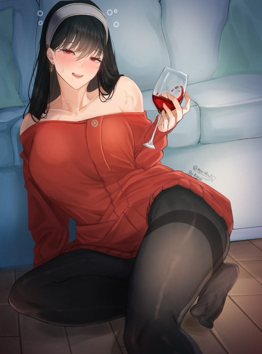 1girl :d alcohol bangs bare_shoulders black_hair black_legwear blush breasts collarbone commentary couch cup dress drinking_glass drunk earrings foot_out_of_frame grey_hairband hair_between_eyes hairband hand_up head_tilt highres holding holding_cup indoors jewelry large_breasts long_hair long_sleeves looking_at_viewer no_shoes nyahpa20 off-shoulder_dress off-shoulder_sweater off_shoulder open_mouth pantyhose red_dress red_eyes red_sweater sitting smile solo spy_x_family sweater sweater_dress thighband_pantyhose thighs wine wine_glass yor_briar