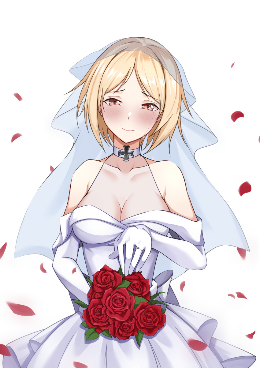 1girl absurdres blonde_hair blush breasts brown_eyes choker commission cross dress flower girls_frontline gloves hakugin006 highres iron_cross jewelry looking_at_viewer mp40_(girls'_frontline) non-web_source ring rose smile wedding_band wedding_dress