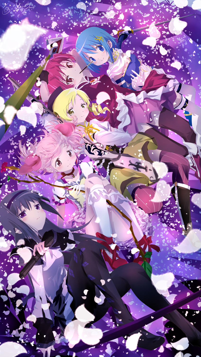 5girls absurdres akemi_homura bangs black_hair blonde_hair blue_eyes blue_hair blush closed_mouth commentary_request drill_hair eyebrows_visible_through_hair full_body gloves gradient gradient_background hairband highres holding holding_sword holding_weapon kaname_madoka looking_at_viewer mahou_shoujo_madoka_magica miki_sayaka multicolored_background multiple_girls petals pink_eyes pink_hair pocky_in_mouth purple_background purple_hairband red_eyes redhead sakura_kyouko sengoku_chidori smile sword tomoe_mami twin_drills violet_eyes weapon weapon_request white_gloves yellow_eyes