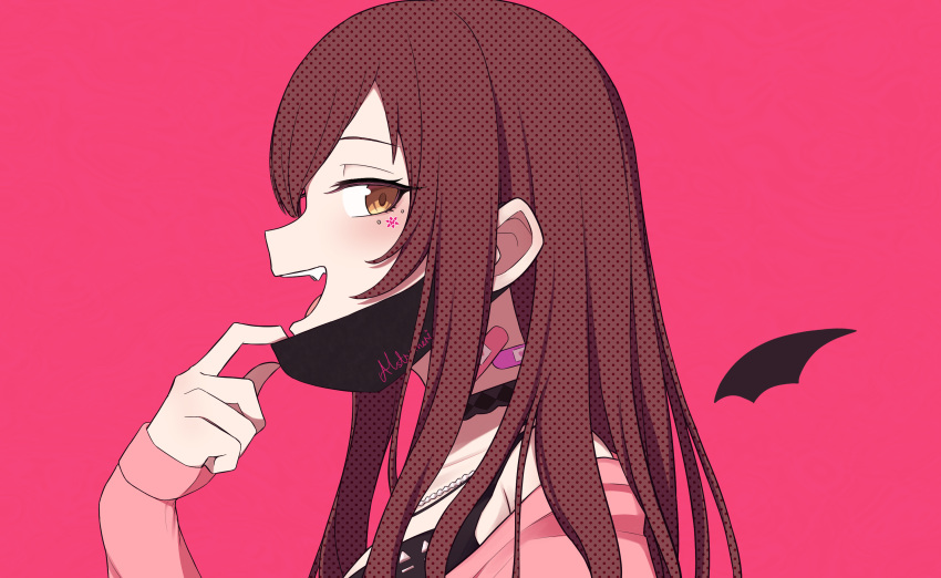 1girl bandaid bandaid_on_neck black_choker black_shirt blush breasts brown_hair choker collarbone detached_wings english_text facial_tattoo facing_to_the_side fangs hair_between_eyes highres idolmaster idolmaster_shiny_colors jacket kenken_(keuken) lace lace_choker looking_at_viewer looking_to_the_side mask_pull medium_breasts meme off_shoulder open_mouth osaki_amana patterned_hair pink_background pink_jacket portrait shirt simple_background sleeveless sleeveless_shirt solo tattoo teeth tongue vampire vampire_(vocaloid) wings yellow_eyes
