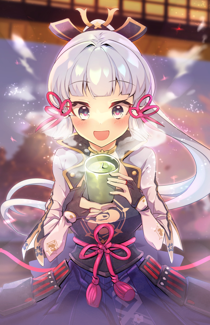 1girl armor bangs black_gloves blue_eyes blunt_bangs blush breastplate cup dress genshin_impact gloves hair_ornament happy highres holding holding_cup kamisato_ayaka kona_(ayaz8247) long_hair open_mouth ponytail smile solo vambraces white_hair