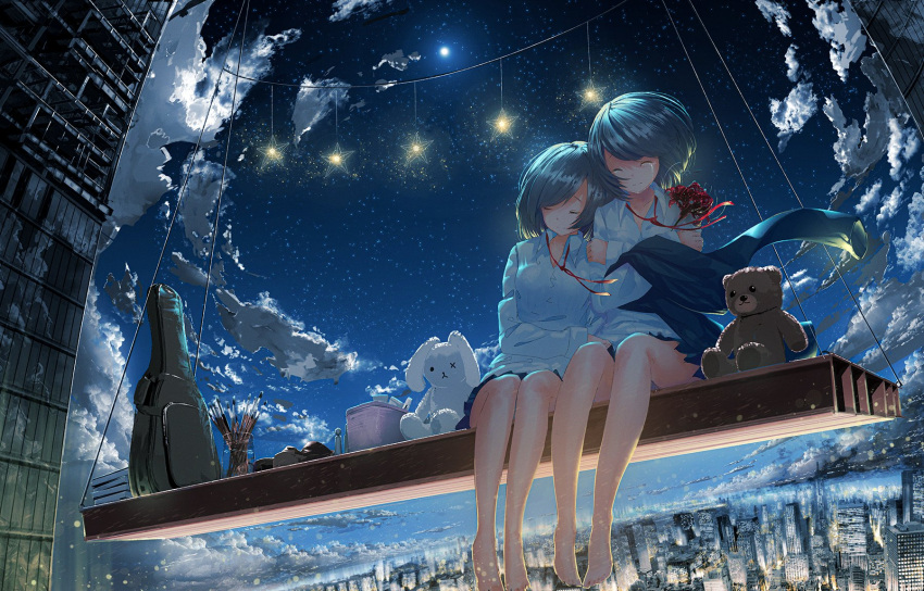2girls bangs bare_legs bear black_hair blue_skirt blue_sky bucket building chocoshi cityscape closed_mouth clouds crying flower guitar_case hanging highres holding holding_flower horizon instrument_case leaning_on_person leaning_to_the_side light_smile long_sleeves moon moonlight multiple_girls neck_ribbon night night_sky one_eye_closed original paintbrush perspective pleated_skirt rabbit railing red_ribbon reflective_wall ribbon sad scaffolding scenery self_hug shirt shoes shoes_removed short_hair skirt sky skyscraper sleeping star_(sky) starry_sky stuffed_animal stuffed_bunny stuffed_toy teddy_bear white_shirt wind wind_lift window yuri