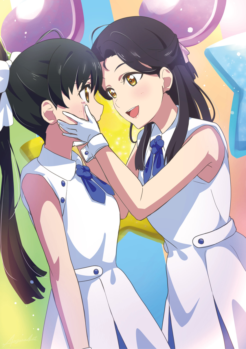 2girls abstract_background absurdres al_aoi_aoba black_hair bow collared_dress commentary cuff_links curtained_hair dress gloves hair_bow half_updo hands_on_another's_cheeks hands_on_another's_face hazuki_hana hazuki_ren highres holding_another's_head long_hair love_live! love_live!_superstar!! matching_outfit mother_and_daughter multiple_girls sleeveless sleeveless_dress tears white_bow white_dress white_gloves wish_song yellow_eyes