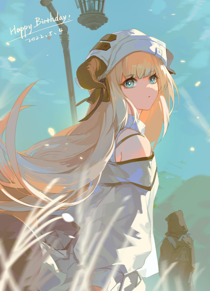 1girl 1other arknights bangs bare_shoulders beret black_jacket blonde_hair blue_eyes blue_sky chinese_commentary commentary_request day doctor_(arknights) dress eyebrows_visible_through_hair hat highres hood hooded_jacket horns horns_through_headwear jacket junz long_hair long_sleeves looking_at_viewer nightingale_(arknights) outdoors sky staff upper_body very_long_hair white_dress white_headwear