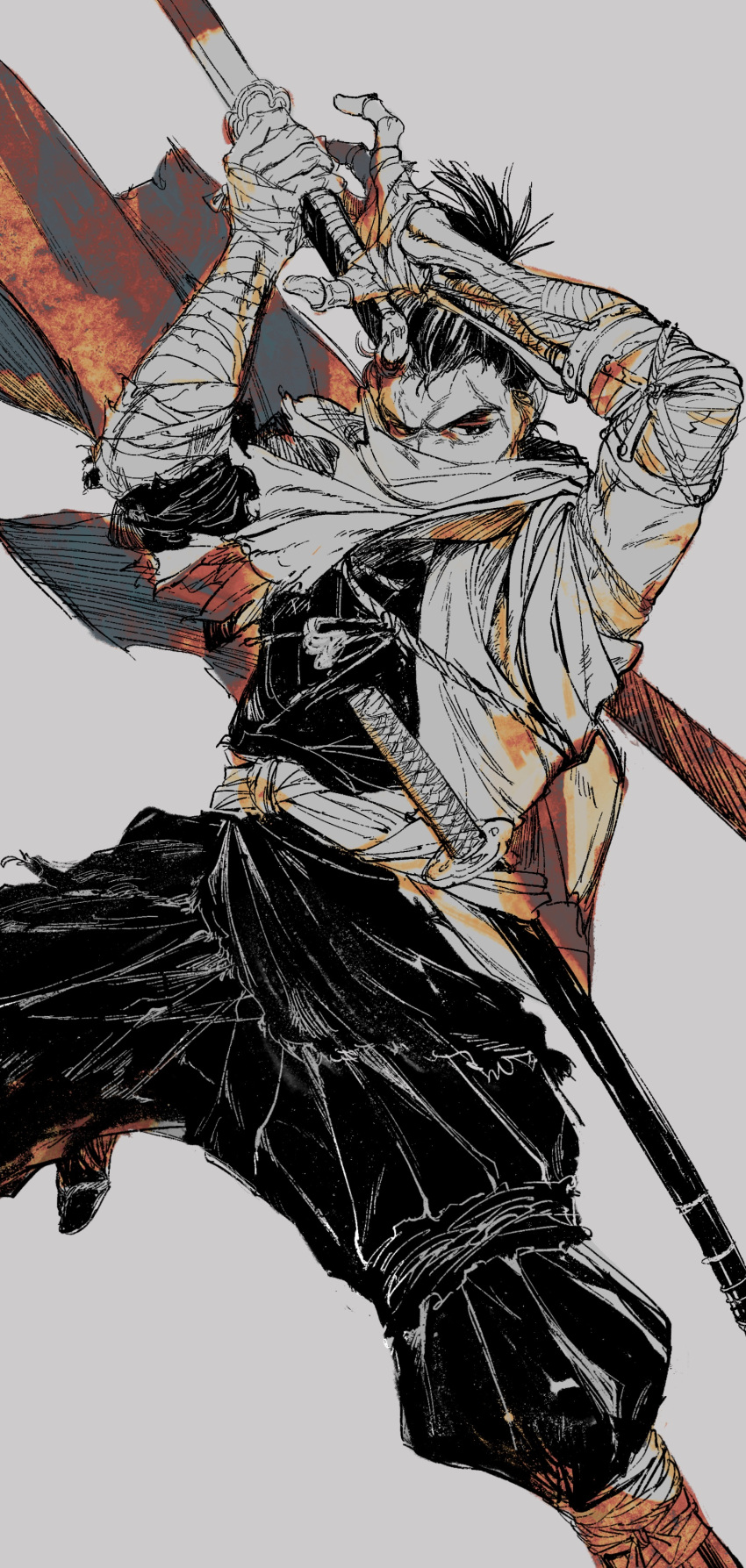1boy absurdres arms_up belt cowboy_shot fighting_stance hakama hakama_pants haori highres holding holding_sword holding_weapon japanese_clothes jumping katana looking_away male_focus pants piyomotsu prosthesis prosthetic_arm scabbard scar scar_on_face scarf sekiro sekiro:_shadows_die_twice sheath sheathed short_ponytail solo sword weapon