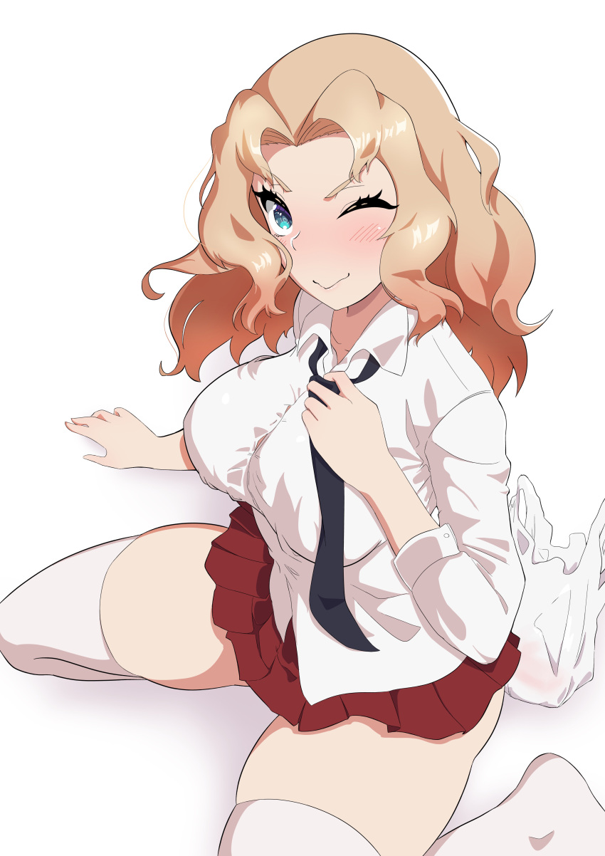 1girl absurdres black_necktie blonde_hair blue_eyes blush breasts closed_mouth collarbone girls_und_panzer highres kay_(girls_und_panzer) large_breasts long_hair looking_at_viewer looking_up miniskirt necktie one_eye_closed pleated_skirt red_skirt saunders_school_uniform school_uniform shiny shiny_hair simple_background skirt solo tenpura32200 thigh-highs white_background white_legwear