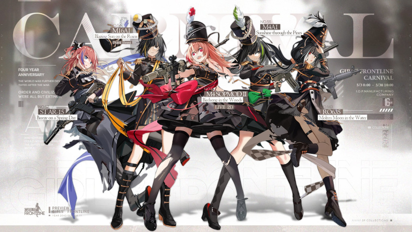 5girls anti-rain_(girls'_frontline) ar-15 artist_request assault_rifle bangs black_footwear black_gloves black_hair black_headwear black_legwear black_skirt blue_eyes boots bow breasts character_name closed_mouth copyright_name dress dress_bow english_commentary english_text euphonium eyebrows_visible_through_hair eyepatch feather_hair_ornament feathers girls_frontline gloves green_bow grey_eyes gun hair_ornament hairband hat heterochromia highres holding holding_gun holding_weapon instrument long_hair looking_at_viewer m16a1 m16a1_(blazing_sun_on_the_ruins)_(girls'_frontline) m16a1_(girls'_frontline) m4_carbine m4_sopmod_ii m4_sopmod_ii_(birdsong_in_the_woods)_(girls'_frontline) m4_sopmod_ii_(girls'_frontline) m4a1_(girls'_frontline) m4a1_(sunshine_through_the_pines)_(girls'_frontline) marching_band medium_breasts mini_hat multicolored_hair multiple_girls nunuan official_alternate_costume official_art open_mouth pantyhose pink_hair promotional_art red_bow red_eyes rifle ro635 ro635_(girls'_frontline) ro635_(molten_moon_in_the_water)_(girls'_frontline) shoes skirt smile socks st_ar-15_(breeze_on_a_spring_day)_(girls'_frontline) st_ar-15_(girls'_frontline) standing standing_on_one_leg streaked_hair tape thigh-highs torn_clothes torn_dress uniform weapon yellow_eyes