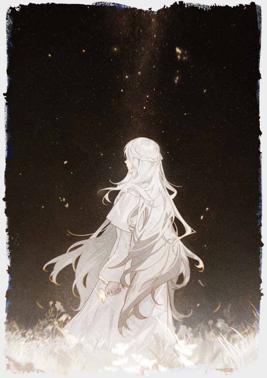 1girl border braid chinese_commentary commentary_request facing_away final_fantasy final_fantasy_xiv flower from_behind grass grey_border half_updo highres holding holding_flower hood hood_down hooded_robe long_hair night night_sky outdoors sepia single_braid sky solo standing star_(sky) starry_sky sumery venat_(ff14) white_hair white_robe