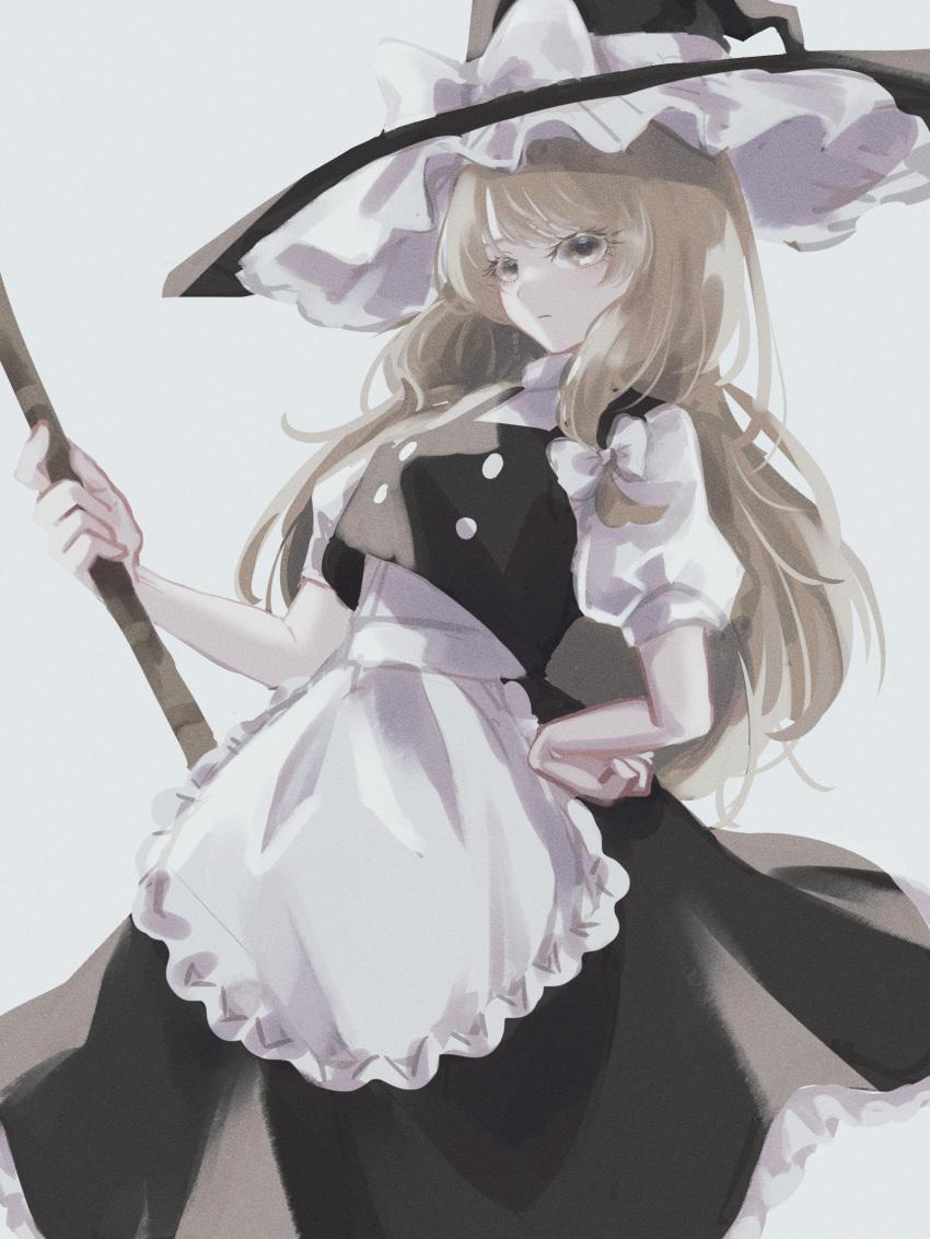 1girl absurdres apron black_dress blonde_hair blue_bow bow braid broom buttons dress frilled_dress frills hair_bow hand_on_hip hat hat_bow highres kirisame_marisa long_hair puffy_sleeves purple_bow roserose626 serious short_sleeves simple_background solo touhou waist_apron white_background white_bow witch_hat yellow_eyes