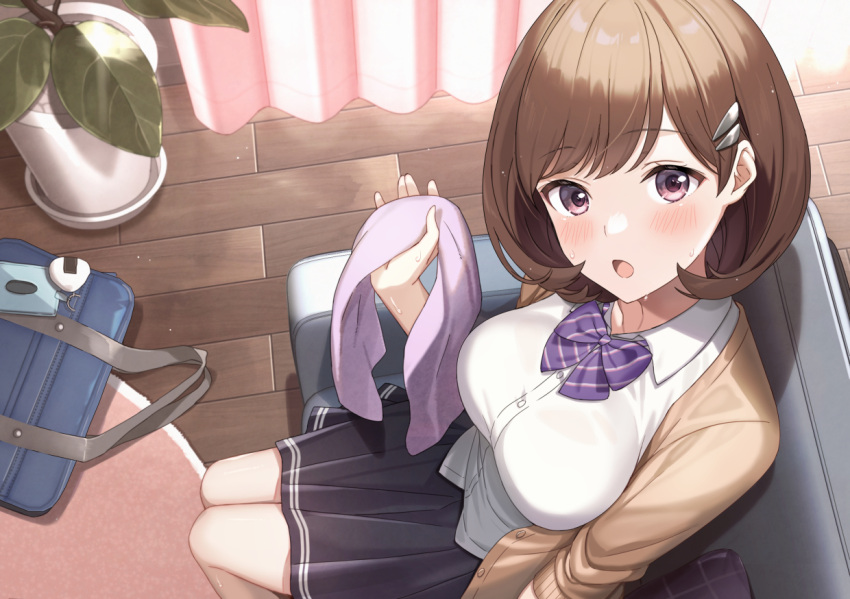 1girl azuki_yui bag bag_charm bangs black_skirt blush bow bowtie breasts brown_hair cardigan charm_(object) collared_shirt couch curtains eyebrows_visible_through_hair from_above hair_ornament hairclip indoors looking_at_viewer medium_breasts medium_hair open_mouth original plant pleated_skirt potted_plant purple_bow school_bag school_uniform shirt sitting skirt solo sweat violet_eyes white_shirt wooden_floor